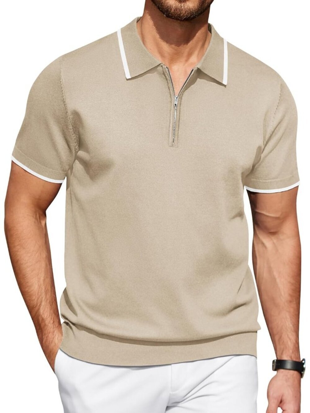 Men's Light Khaki Zipper Polo Shirt Casual Knit Short Sleeve Classic Fit Tee Sty